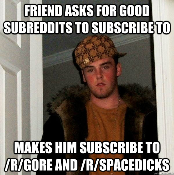 friend asks for good subreddits to subscribe to makes him subscribe to /r/gore and /r/spacedicks  Scumbag Steve