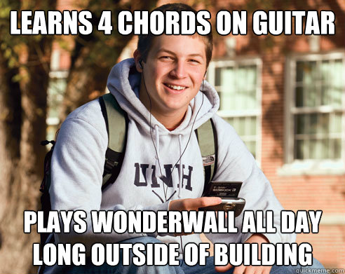 Learns 4 chords on guitar plays wonderwall all day long outside of building   College Freshman