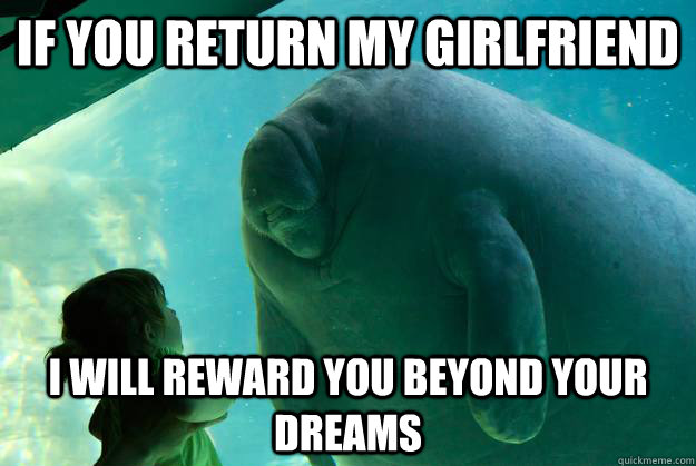 If you return my girlfriend I will reward you beyond your dreams  Overlord Manatee