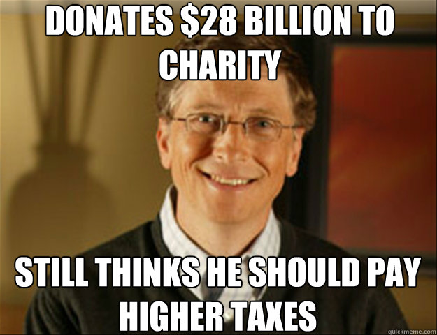 Donates $28 Billion to charity Still thinks he should pay higher taxes  Good guy gates