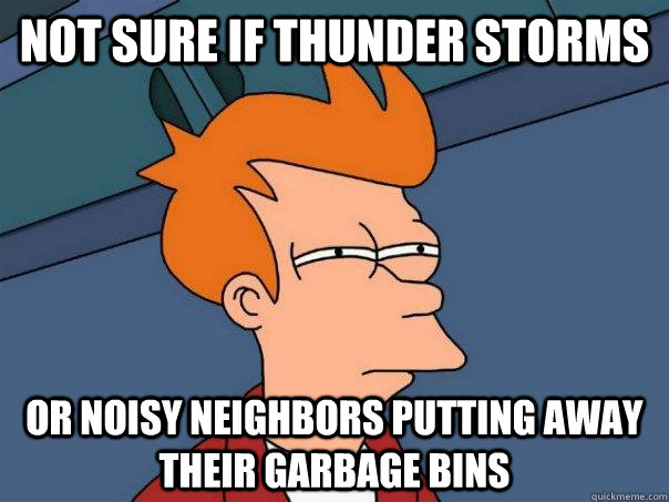 Not sure if thunder storms Or noisy neighbors putting away their garbage bins - Not sure if thunder storms Or noisy neighbors putting away their garbage bins  Futurama Fry