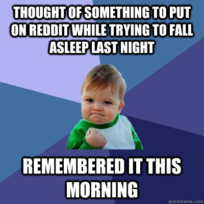 Thought of something to put on Reddit while trying to fall asleep last night Remembered it this morning - Thought of something to put on Reddit while trying to fall asleep last night Remembered it this morning  Success Kid