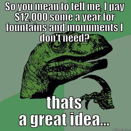 SO YOU MEAN TO TELL ME, I PAY $12,000 SOME A YEAR FOR FOUNTAINS AND MONUMENTS I DON'T NEED? THATS A GREAT IDEA... Philosoraptor