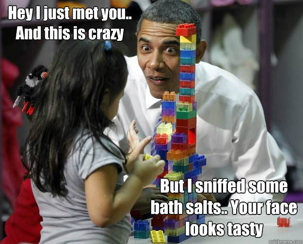 Hey I just met you.. And this is crazy But I sniffed some bath salts.. Your face looks tasty  Absent Minded Obama