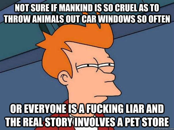 Not sure if mankind is so cruel as to throw animals out car windows so often Or everyone is a fucking liar and the real story involves a pet store - Not sure if mankind is so cruel as to throw animals out car windows so often Or everyone is a fucking liar and the real story involves a pet store  Futurama Fry