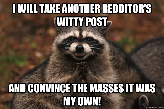 I will take another redditor's witty post and convince the masses it was my own! - I will take another redditor's witty post and convince the masses it was my own!  Evil Plotting Raccoon