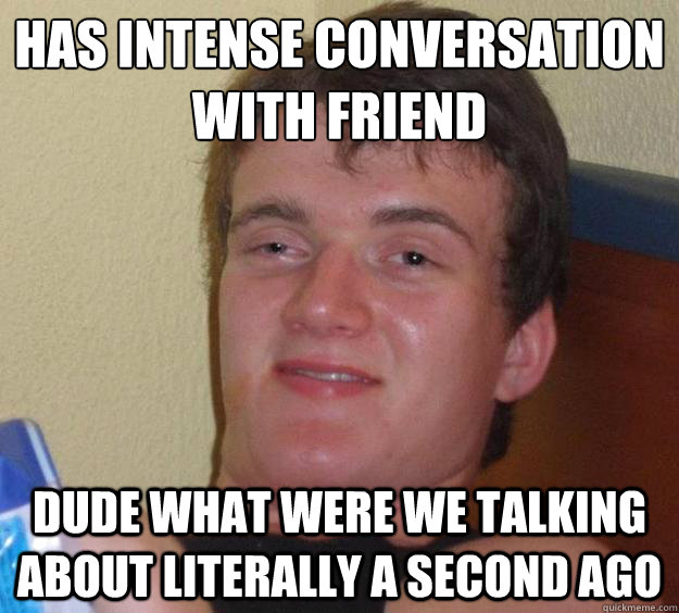 Has Intense Conversation With Friend Dude what were we talking about literally a second ago  10 Guy