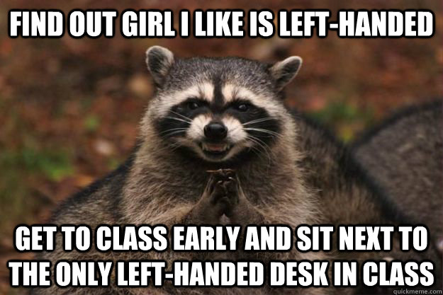 Find out girl i like is left-handed Get to class early and sit next to the only left-handed desk in class  Evil Plotting Raccoon