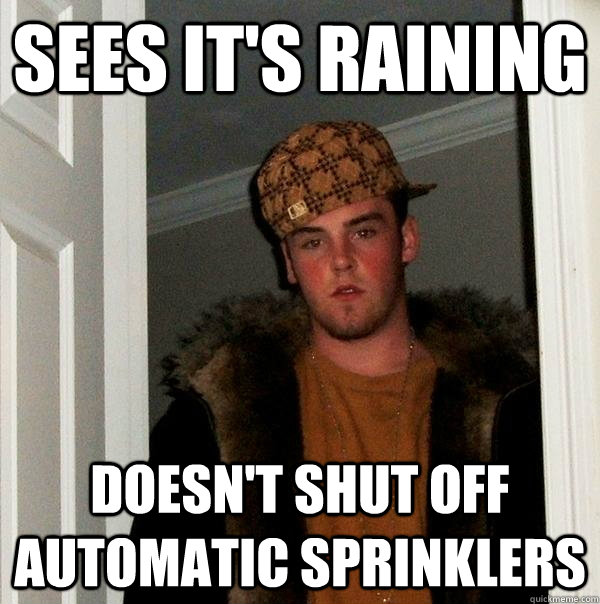 Sees it's raining Doesn't shut off automatic sprinklers  Scumbag Steve