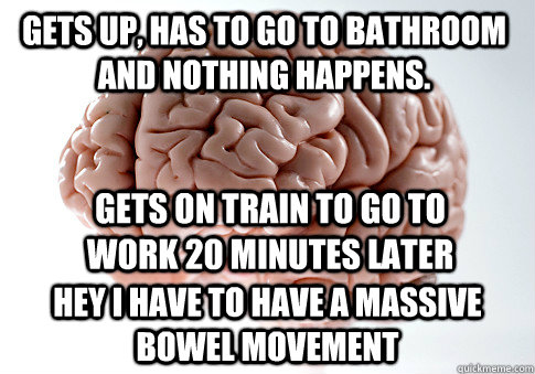 Gets up, has to go to bathroom and nothing happens.  Hey I have to have a massive bowel movement  Gets on train to go to work 20 minutes later  Scumbag Brain