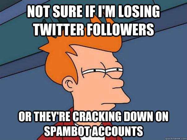 not sure if I'm losing Twitter followers Or they're cracking down on spambot accounts  Futurama Fry