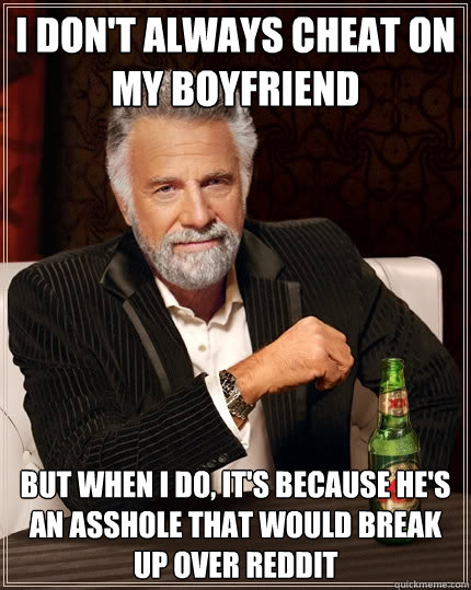 I don't always cheat on my boyfriend But when I do, it's because he's an asshole that would break up over reddit  The Most Interesting Man In The World