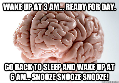 Wake up at 3 AM... Ready for day. Go back to sleep and wake up at 6 am... SNOOZE SNOOZE SNOOZE!  Scumbag Brain