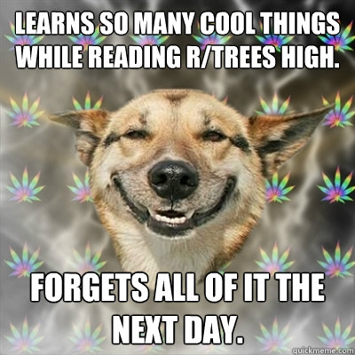 Learns so many cool things while reading r/trees high. Forgets all of it the next day.  Stoner Dog