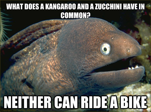 What does a kangaroo and a zucchini have in common?

 Neither can ride a bike  Bad Joke Eel