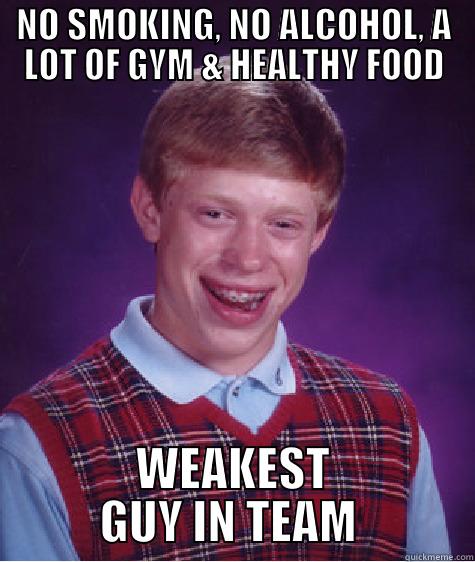 NO SMOKING, NO ALCOHOL, A LOT OF GYM & HEALTHY FOOD WEAKEST GUY IN TEAM  Bad Luck Brian