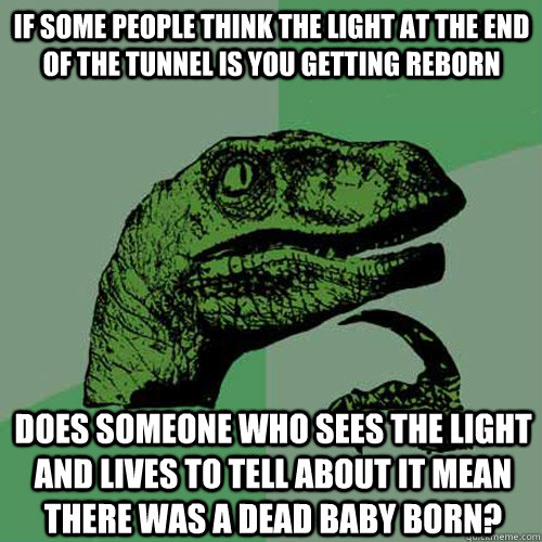 If some people think the light at the end of the tunnel is you getting reborn Does someone who sees the light and lives to tell about it mean there was a dead baby born? - If some people think the light at the end of the tunnel is you getting reborn Does someone who sees the light and lives to tell about it mean there was a dead baby born?  Philosoraptor