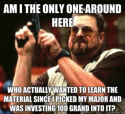 Am i the only one around here who actually wanted to learn the material since I picked my major and was investing 100 grand into it?  Am I The Only One Around Here