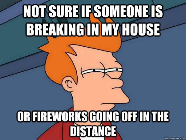 Not sure if someone is breaking in my house Or fireworks going off in the distance   Futurama Fry