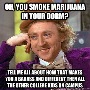 Oh, you smoke marijuana in your dorm? Tell me all about how that makes you a badass and different then all the other college kids on campus  Condescending Wonka