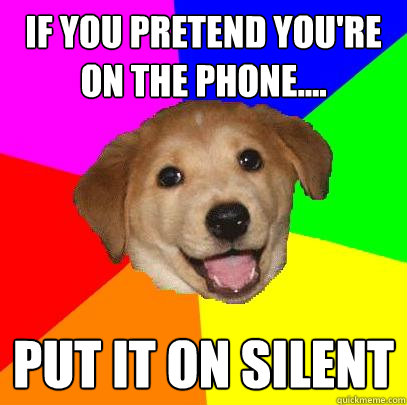 If you pretend you're on the phone.... PUT IT ON SILENT  Advice Dog