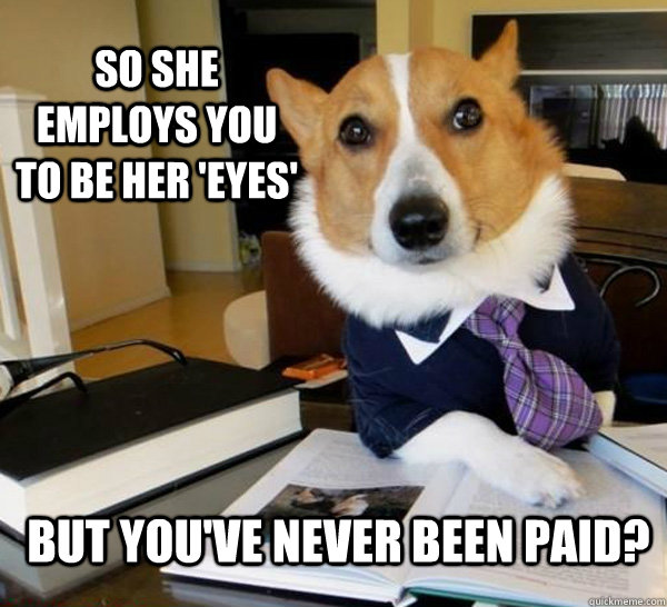 So she employs you to be her 'eyes' But you've never been paid?  Lawyer Dog