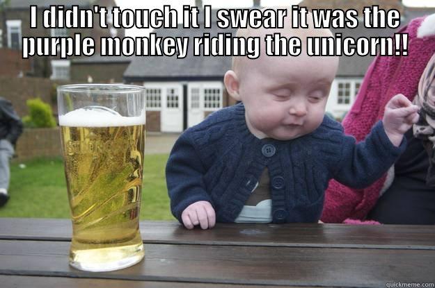 I'm innocent! - I DIDN'T TOUCH IT I SWEAR IT WAS THE PURPLE MONKEY RIDING THE UNICORN!!  drunk baby