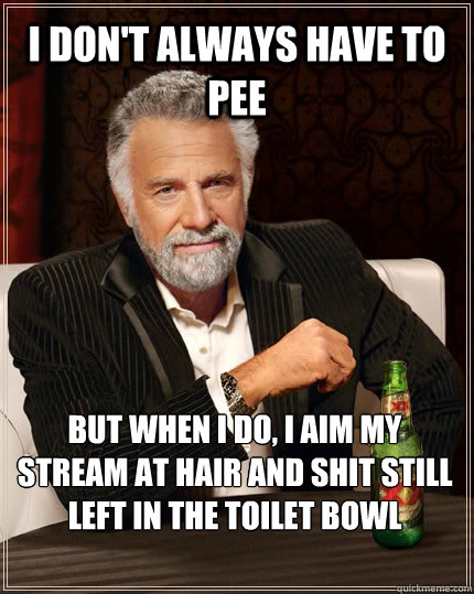 I don't always have to pee But when I do, I aim my stream at hair and shit still left in the toilet bowl  The Most Interesting Man In The World