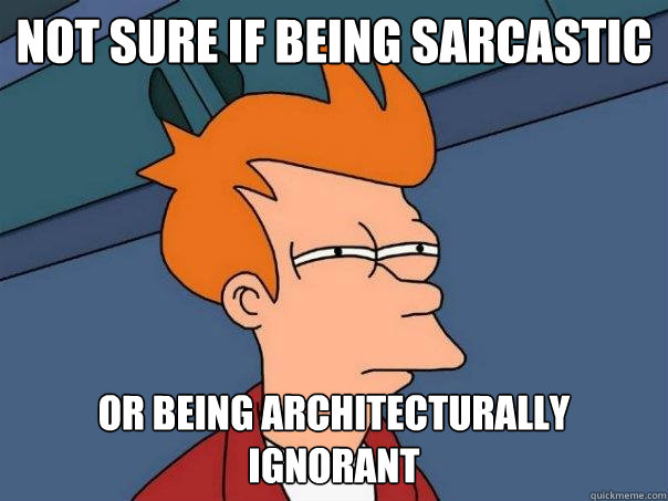 not sure if being sarcastic or being architecturally ignorant  Futurama Fry