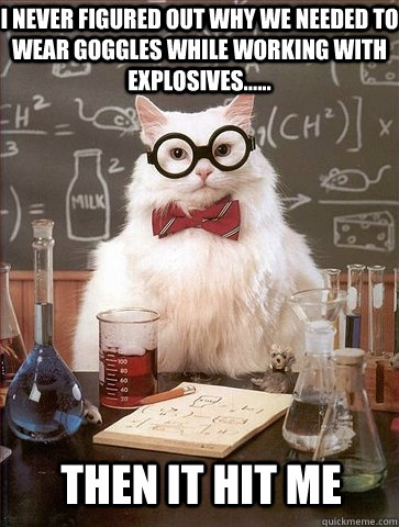 I never figured out why we needed to wear goggles while working with explosives...... Then it hit me - I never figured out why we needed to wear goggles while working with explosives...... Then it hit me  Chemistry Cat