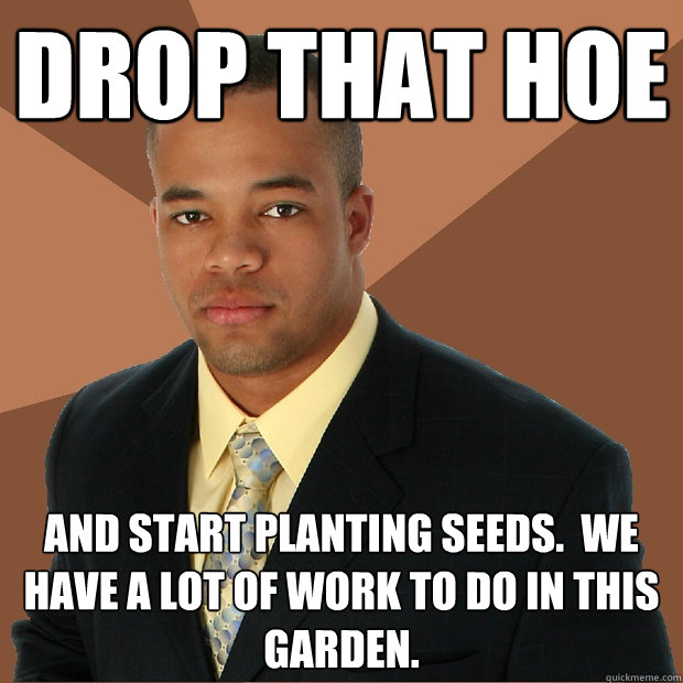 Drop that hoe and start planting seeds.  we have a lot of work to do in this garden.  Successful Black Man