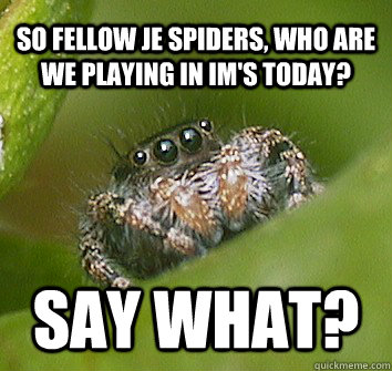 so fellow je spiders, who are we playing in Im's today? say what?  Misunderstood Spider