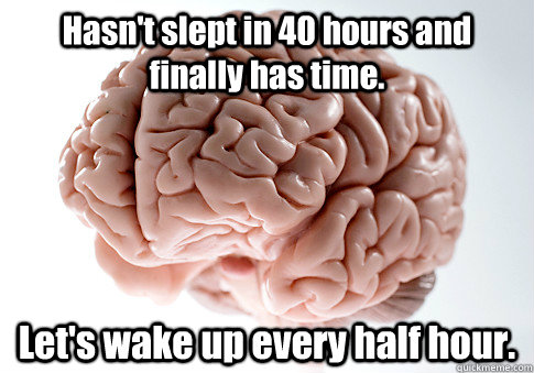 Hasn't slept in 40 hours and finally has time. Let's wake up every half hour.  Scumbag Brain