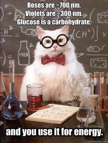 Roses are ~700 nm.
Violets are ~300 nm.
Glucose is a carbohydrate, and you use it for energy.  Chemistry Cat