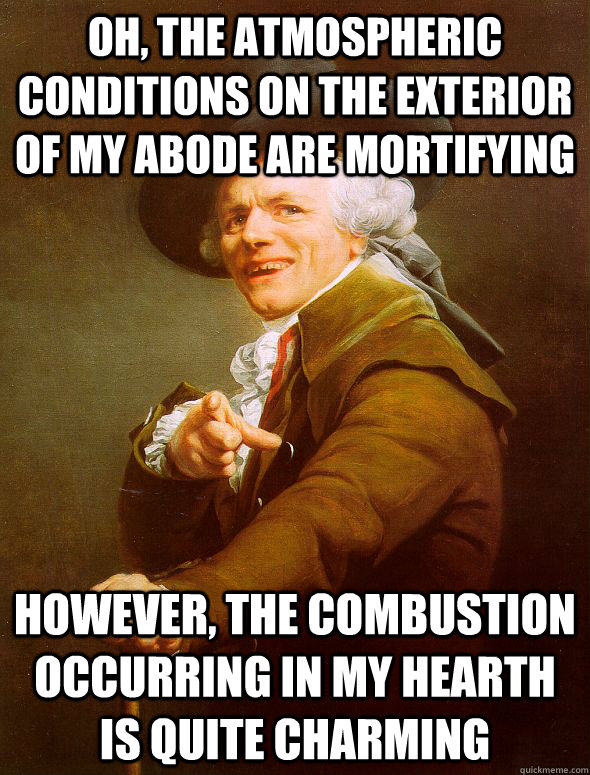 Oh, the atmospheric conditions on the exterior of my abode are mortifying  however, the combustion occurring in my hearth is quite charming  Joseph Ducreux