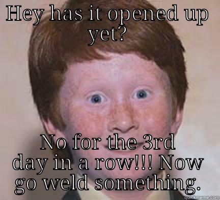 HEY HAS IT OPENED UP YET? NO FOR THE 3RD DAY IN A ROW!!! NOW GO WELD SOMETHING. Over Confident Ginger