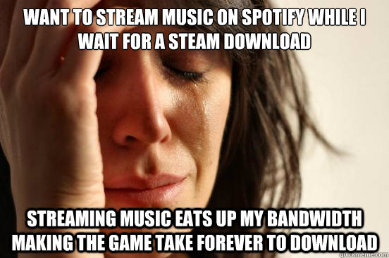 want to stream music on spotify while i wait for a steam download streaming music eats up my bandwidth making the game take forever to download  First World Problems