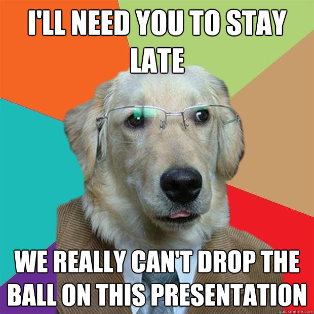 I'll need you to stay late We really can't drop the ball on this presentation  Business Dog