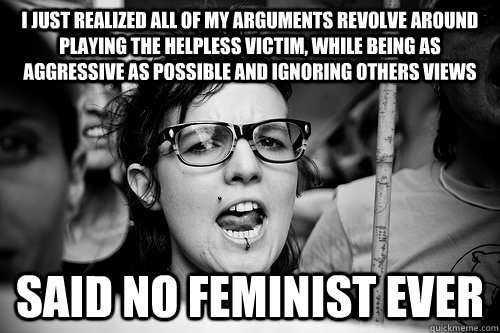 i just realized all of my arguments revolve around playing the helpless victim, while being as aggressive as possible and ignoring others views  Said no feminist ever  Hypocrite Feminist