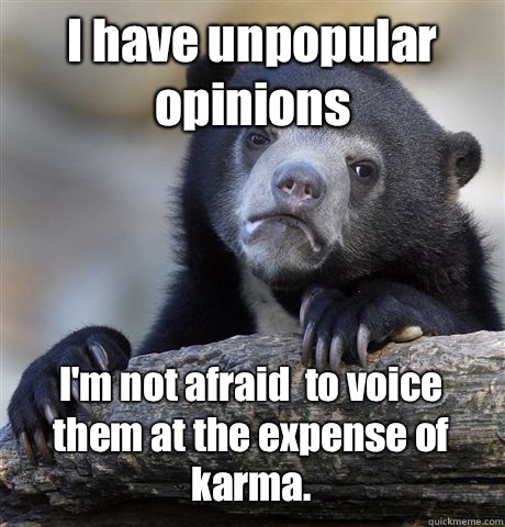 I have unpopular opinions  I'm not afraid  to voice them at the expense of karma.  Confession Bear