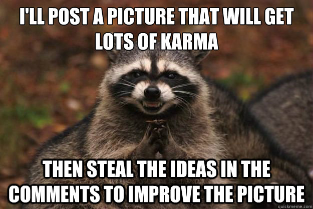 I'll post a picture that will get lots of karma then steal the ideas in the comments to improve the picture  - I'll post a picture that will get lots of karma then steal the ideas in the comments to improve the picture   Evil Plotting Raccoon