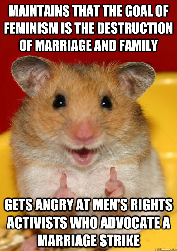 maintains that the goal of feminism is the destruction of marriage and family gets angry at Men's Rights activists who advocate a marriage strike   Rationalization Hamster