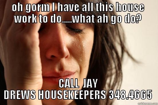 OH GORM I HAVE ALL THIS HOUSE WORK TO DO.....WHAT AH GO DO? CALL  JAY DREWS HOUSEKEEPERS 348.4665 First World Problems