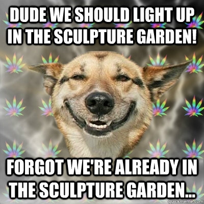 Dude we should light up in the sculpture garden! forgot we're already in the sculpture garden...  Stoner Dog