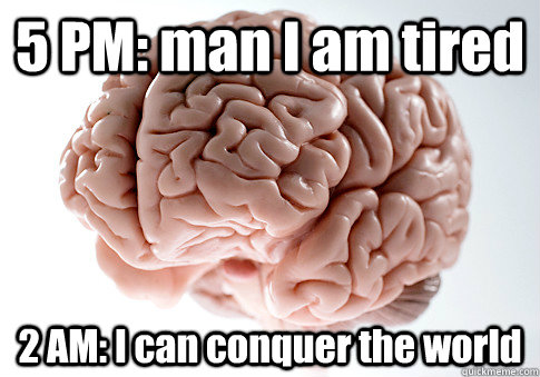 5 PM: man I am tired 2 AM: I can conquer the world  Scumbag Brain