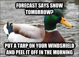 forecast says snow tomorrow? put a tarp on your windshield and peel it off in the morning  Good Advice Duck