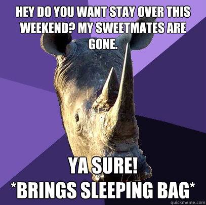 Hey do you want stay over this weekend? My sweetmates are gone. Ya sure! 
*Brings sleeping bag*  Sexually Oblivious Rhino