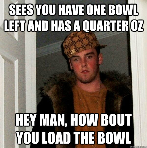 Sees you have one bowl left and has a quarter oz hey man, how bout you load the bowl  Scumbag Steve