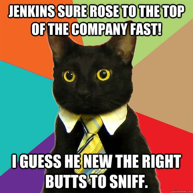 Jenkins sure rose to the top of the company fast! I guess he new the right butts to sniff.  Business Cat