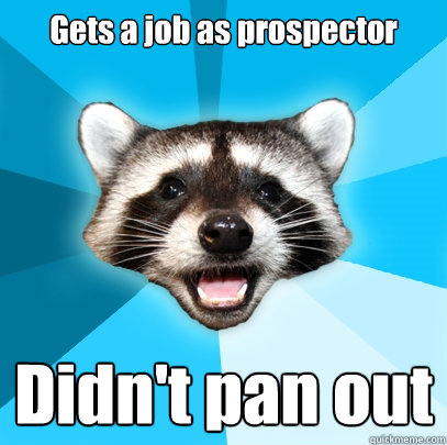 Gets a job as prospector Didn't pan out  Lame Pun Coon